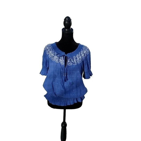 Tory Burch Blue Womens Blouse with Tassels Tie S/P 100%Cotton - Picture 7 of 12